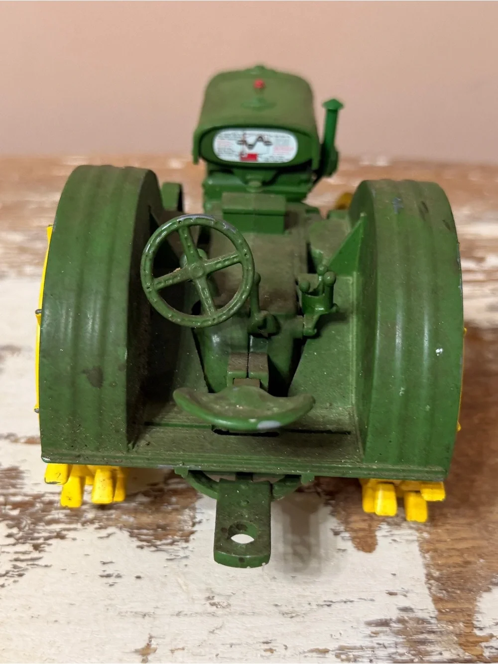 John Deere Green and Yellow Cast Metal Tractor Toy with Spoked Wheels